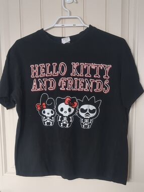 Hello Kitty Black Tee with White Skeleton Graphic and Red Accents